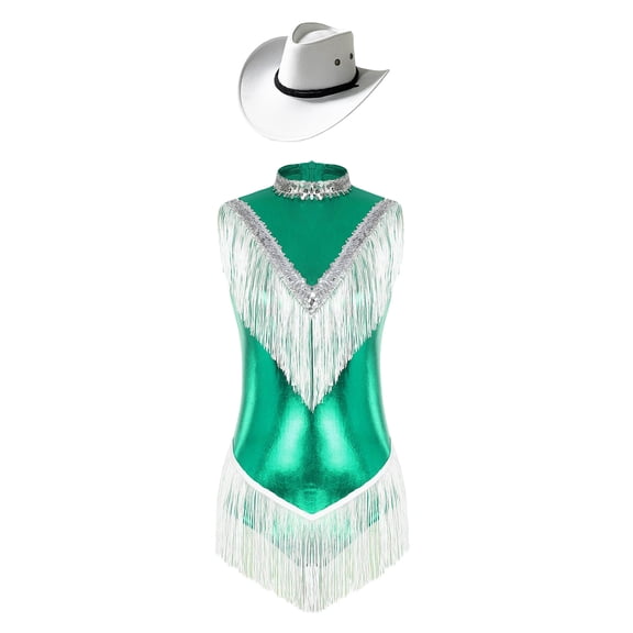 iiniim Womens Sequins Fringed Latin Dance Costume Shiny Sequins Leotard Bodysuit with Hat Green XL