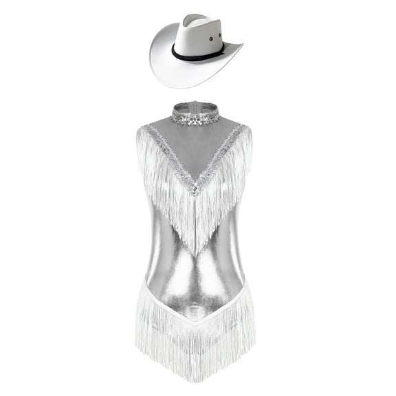 iiniim Womens Sequins Fringed Latin Dance Costume Shiny Sequins Leotard Bodysuit with Hat Silver XL