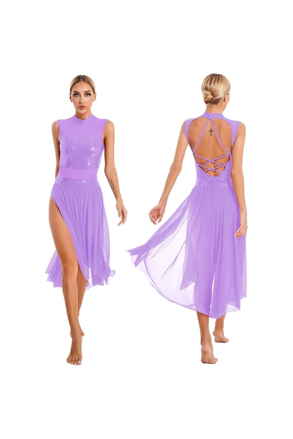Womens Sequins Lyrical Dance Sleeveless Mesh Tulle Leotard Dress Modern Contemporary Dancewear Light Purple XL