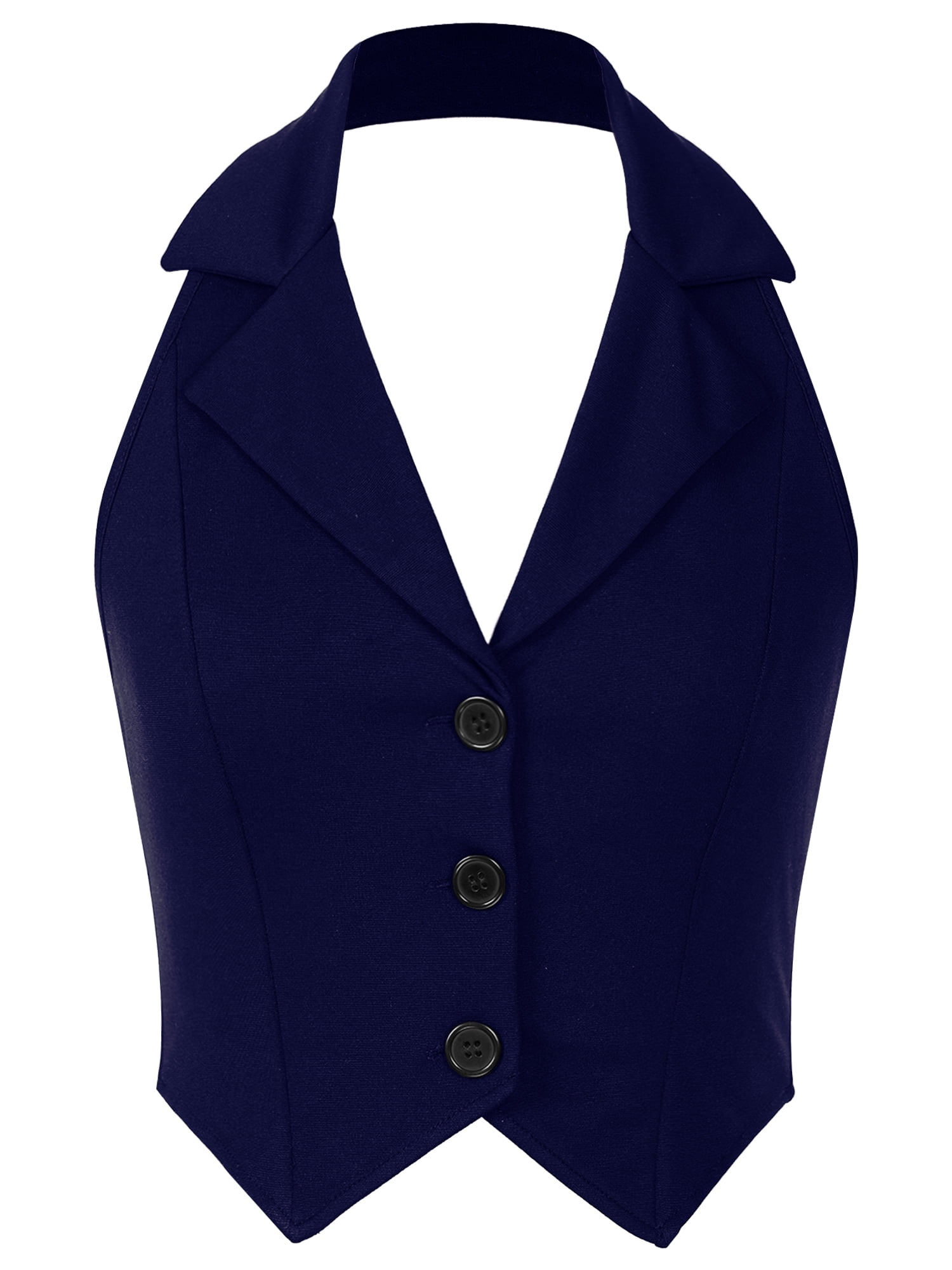 iiniim Womens Sexy Halter Sleeveless Backless Suit Waistcoat Notch Lapel  Single Breasted Crop Vest Top Navy Blue S 