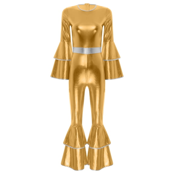 iiniim Womens Shiny Dance Jumpsuit Flare Sleeve Unitard Outfit Disco Club Party Gold 3XL