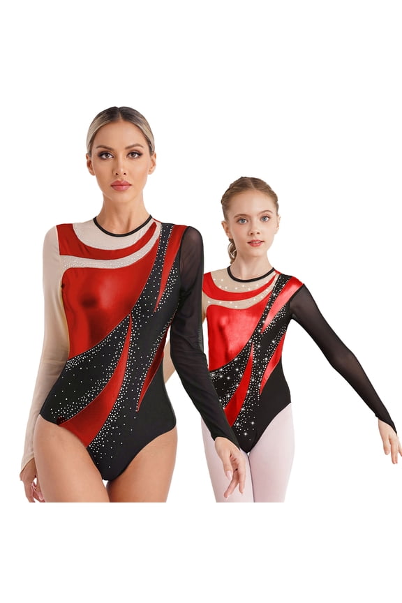 Womens Shiny Gymnastics Leotard Metallic Contrast Color Long Sleeve Bodysuit Performance Red XXL