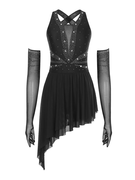 Womens Shiny Ice Skating Dance Sleeveless Crisscross Back Lyrical Dress Performance Costume with Gloves Black S