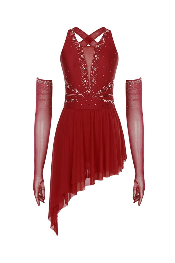 Womens Shiny Ice Skating Dance Sleeveless Crisscross Back Lyrical Dress Performance Costume with Gloves Burgundy L