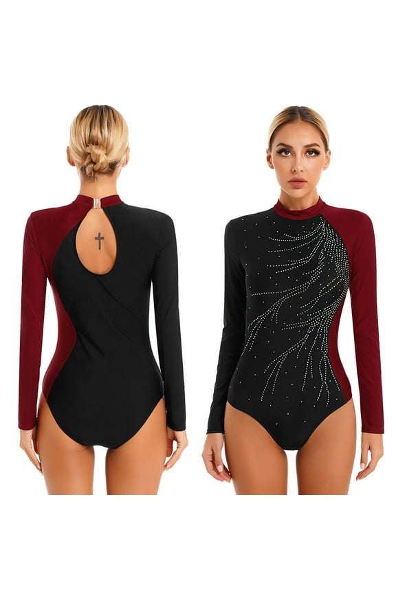 Womens Shiny Metallic Rhinestone Leotard Long Sleeve Mock Neck Bodysuit