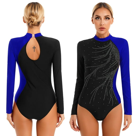 iiniim Womens Shiny Metallic Rhinestone Leotard Long Sleeve Mock Neck Bodysuit