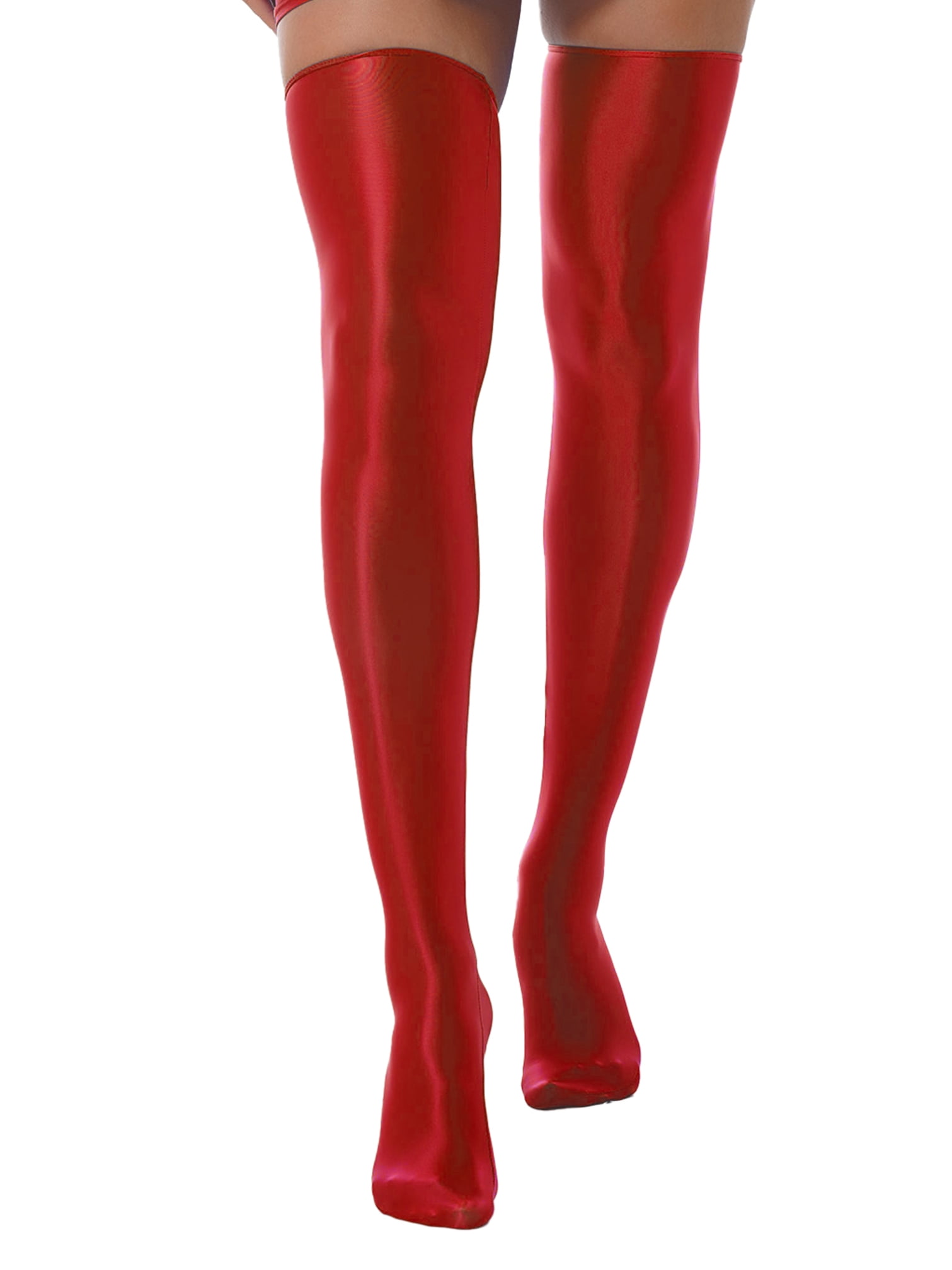 iiniim Womens Shiny Oil Thigh High Socks Glossy Stretch Tights Hold Up Nylon Stockings Hosiery Burgundy One Size