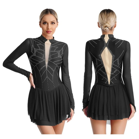 iiniim Womens Shiny Rhinestones Long Sleeve Figure Skating Dress Mock Neck Dance Performance Black XL