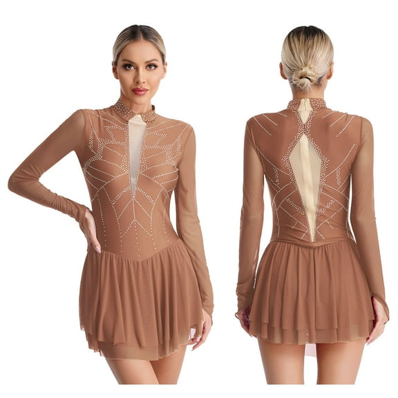 iiniim Womens Shiny Rhinestones Long Sleeve Figure Skating Dress Mock Neck Dance Performance Dusty Pink XXL