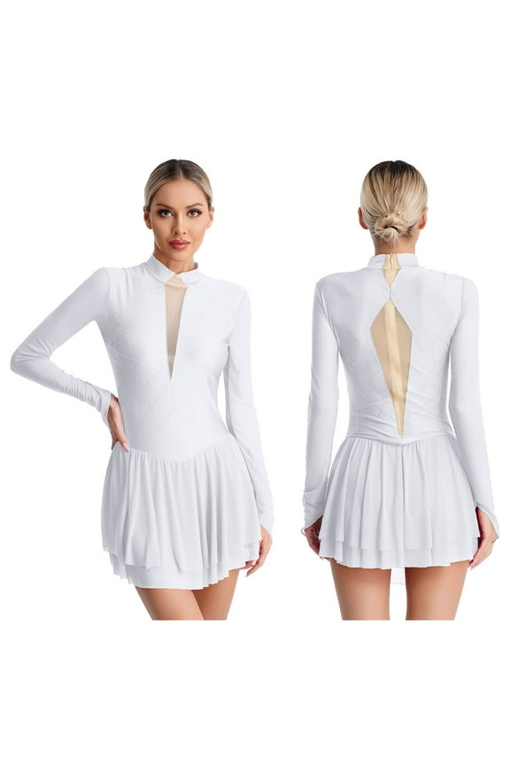 Womens Shiny Rhinestones Long Sleeve Figure Skating Dress Mock Neck Dance Performance White XL