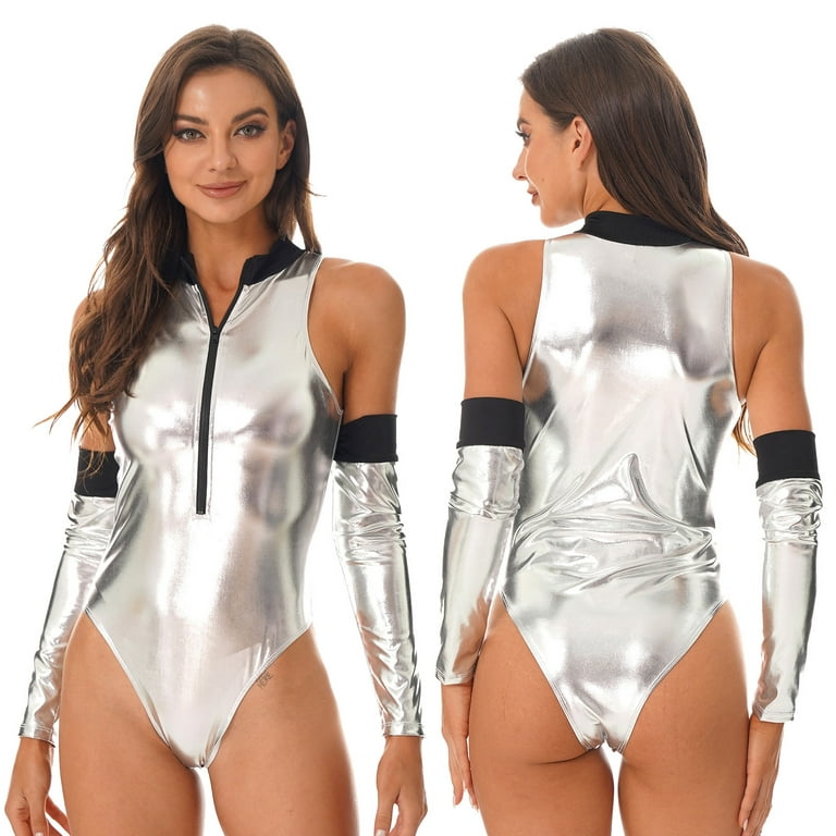 Adult Women Metallic Spandex Unitard Shiny Nylon Catsuit Bodysuit