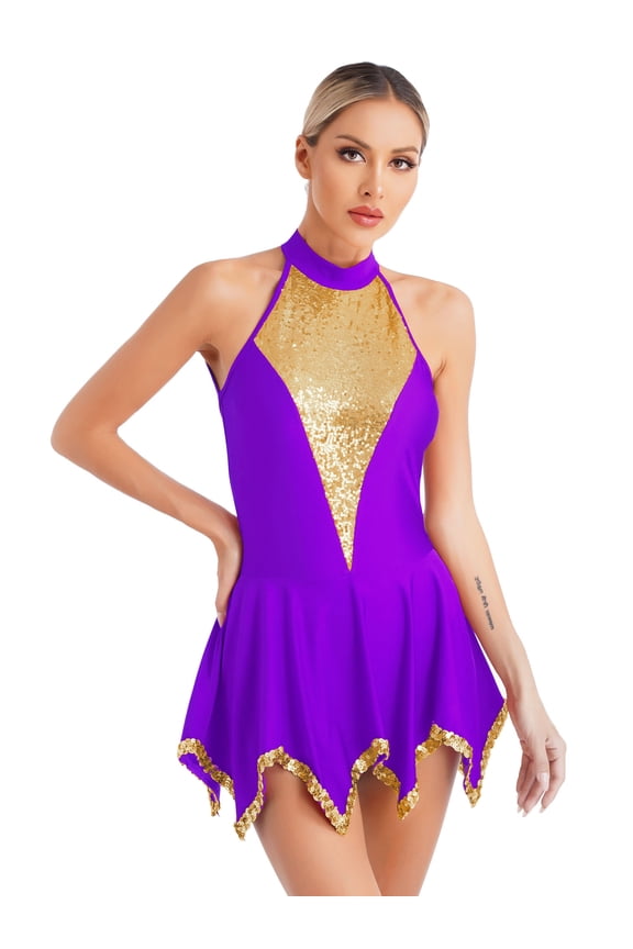 Womens Sleeveless Figure Ice Skating Dress Rhinestone Gymnastic Leotard Competition Purple XXL