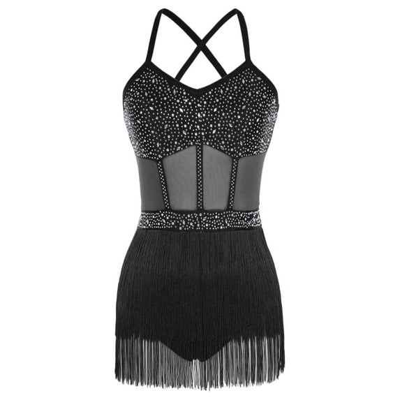iiniim Womens Sleeveless Rhinestone Latin Dance Bodysuit Tassel Fringe Leotard Dress for Competition Black XL