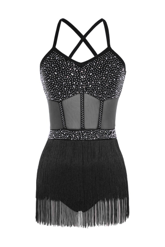Womens Sleeveless Rhinestone Latin Dance Bodysuit Tassel Fringe Leotard Dress for Competition Black XXL