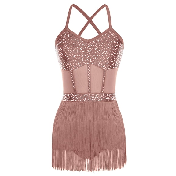 iiniim Womens Sleeveless Rhinestone Latin Dance Bodysuit Tassel Fringe Leotard Dress for Competition Dusty Pink M