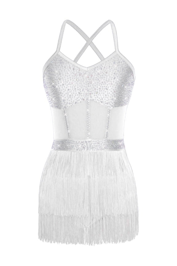 Womens Sleeveless Rhinestone Latin Dance Bodysuit Tassel Fringe Leotard Dress for Competition White XXL