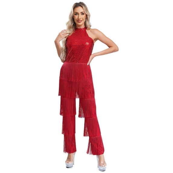 iiniim Womens Sleeveless Sequins Tiered Tassel Rompers Ballroom Rumba Salsa Latin Jazz Dancewear Burgundy M