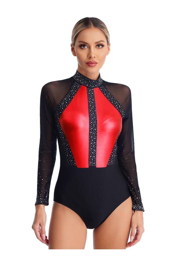 Womens Sparkling Rhinestones Mesh Long Sleeve Gymnastics Dance Performance Leotard Red S