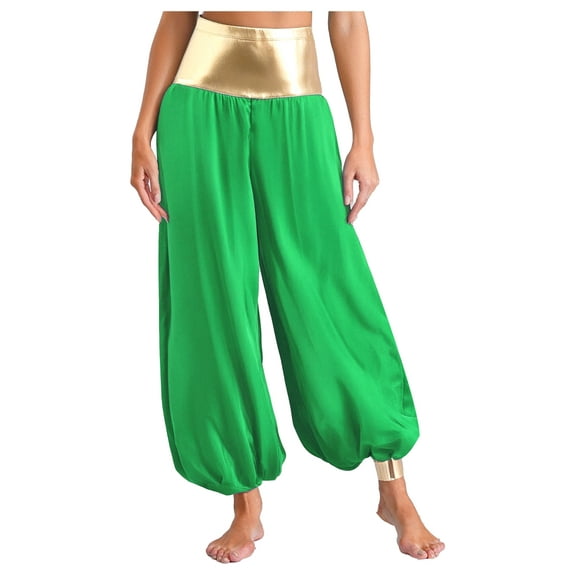 iiniim Womens Stain Hippie Harem Arabian Costume Loose Lantern Long Pants Belly Dancewear Green S
