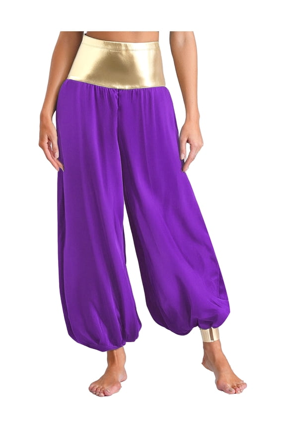 Womens Stain Hippie Harem Arabian Costume Loose Lantern Long Pants Belly Dancewear Purple L
