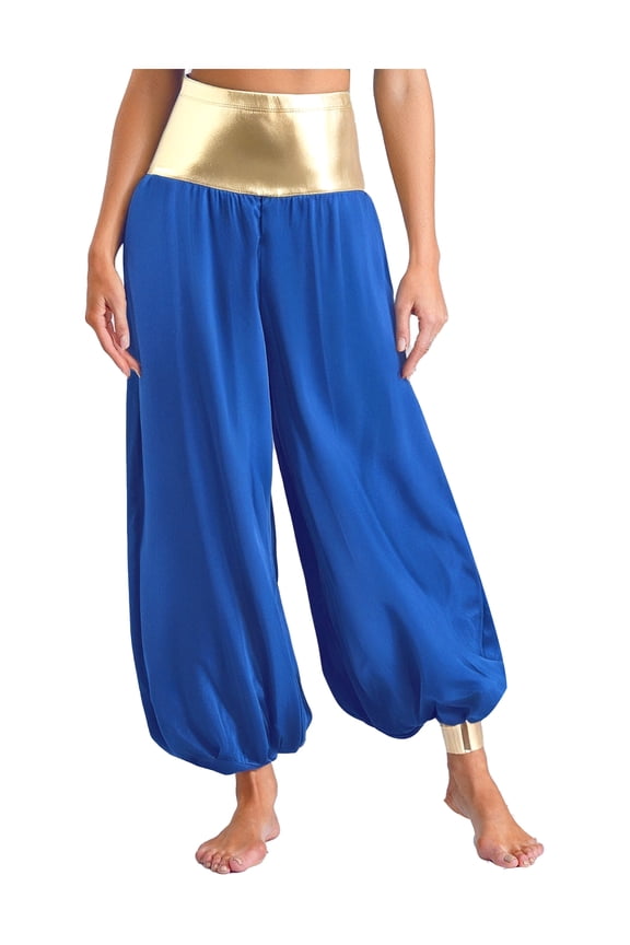 Womens Stain Hippie Harem Arabian Costume Loose Lantern Long Pants Belly Dancewear Royal Blue XL