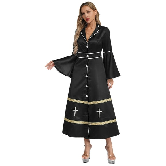 iiniim Womens Stand Collar Long Sleeve Buttons Cassock Robes Pulpit Liturgical Church Clergy Dress Black L
