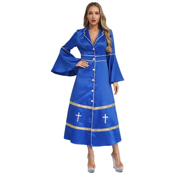 iiniim Womens Stand Collar Long Sleeve Buttons Cassock Robes Pulpit Liturgical Church Clergy Dress Royal Blue S