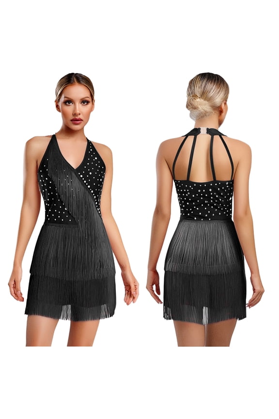 Womens Tassel Fringe Latin Dance Dress Halter Tassel Romper Latin Tango Salsa Jazz Black M