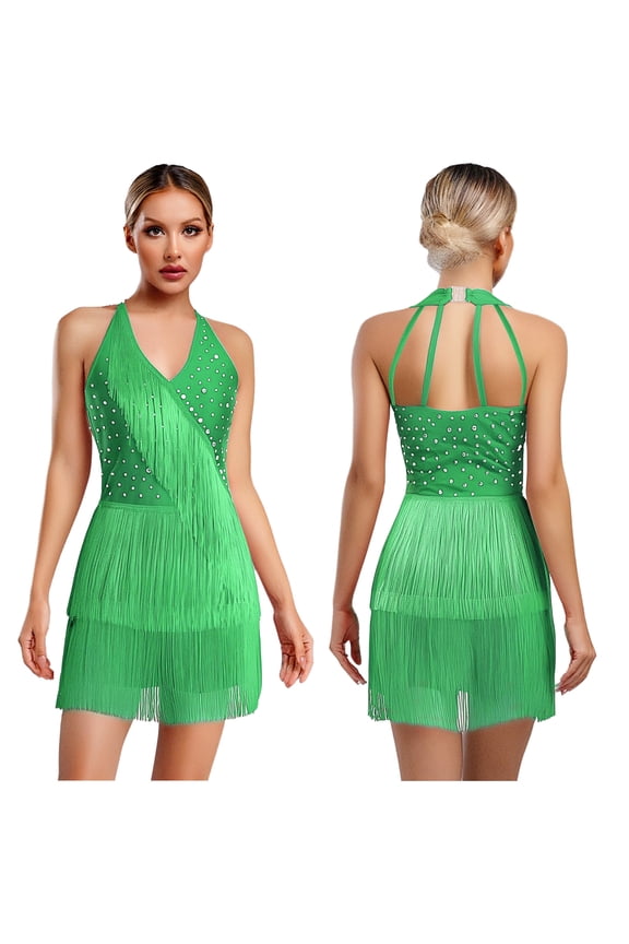 Womens Tassel Fringe Latin Dance Dress Halter Tassel Romper Latin Tango Salsa Jazz Green M