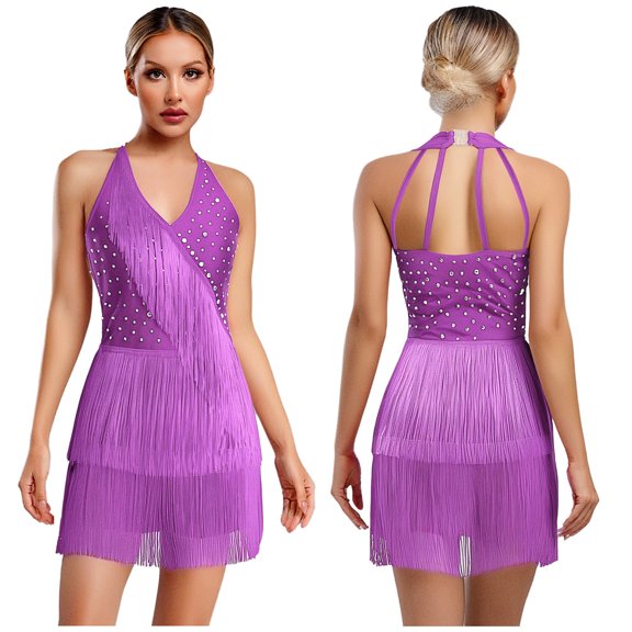 iiniim Womens Tassel Fringe Latin Dance Dress Halter Tassel Romper Latin Tango Salsa Jazz Purple L
