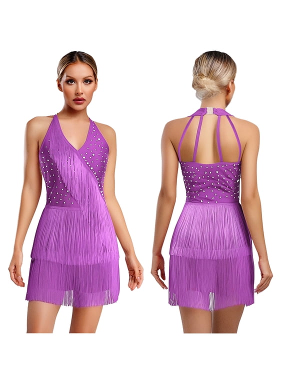 Womens Tassel Fringe Latin Dance Dress Halter Tassel Romper Latin Tango Salsa Jazz Purple S