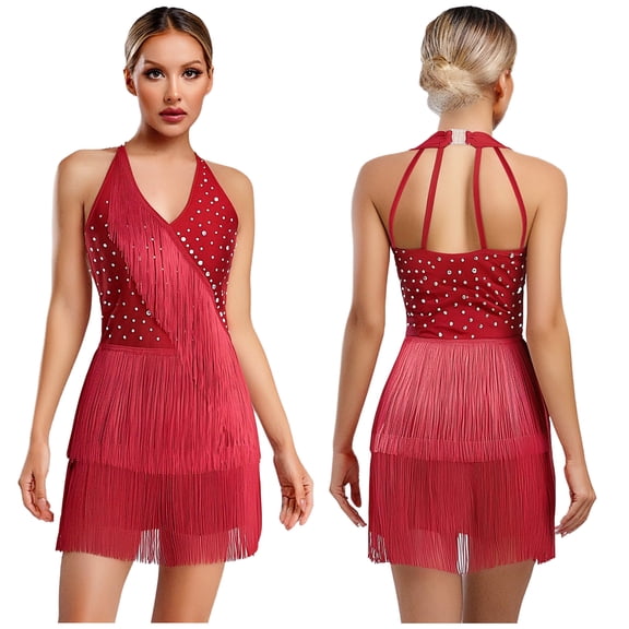 iiniim Womens Tassel Fringe Latin Dance Dress Halter Tassel Romper Latin Tango Salsa Jazz Wine Red M