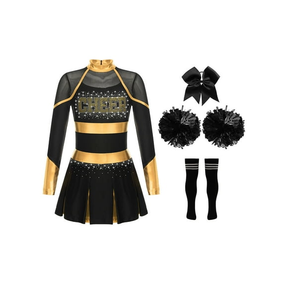 iiniim Girls Cheer Leader Cheerleading Long Sleeve Crop Top Skirt and Pom Poms Stocking Hair Tie Gold&Black 6