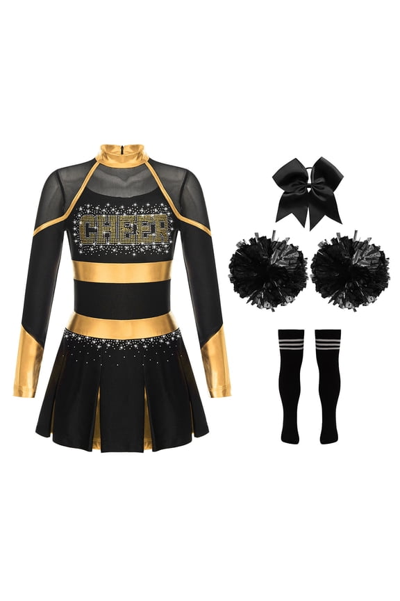 Girls Cheer Leader Cheerleading Long Sleeve Crop Top Skirt and Pom Poms Stocking Hair Tie Gold&Black 8