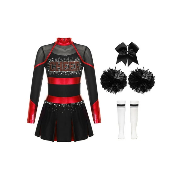 iiniim Girls Cheer Leader Cheerleading Long Sleeve Crop Top Skirt and Pom Poms Stocking Hair Tie Red&White 16