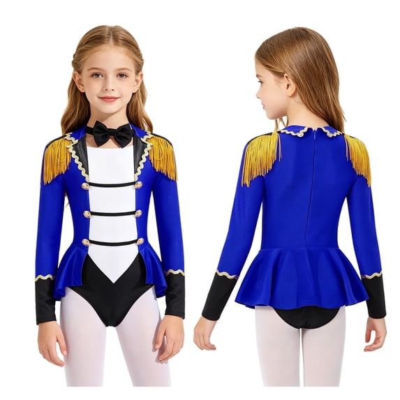 iiniim Girls Ringmaster Circus Show Long Sleeve Tassel Cap Tailcoat Gymnastics Leotard with Bowknot Blue 6