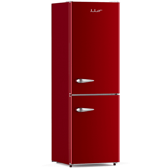 iio 24" 11 Cu Ft Bottom Freezer Retro Refrigerator, Fridge for Bedroom, Multiflow 360°, Small Mini Ice Cube Tray, 1 Fruit container, LED, Dorm Office Beverage Quiet Compressor, Wine Red (Right Hinge)