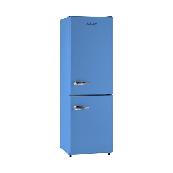 iio 24" 11 Cu Ft Bottom Freezer Retro Refrigerator Fridge for Bedroom, Multiflow 360°, Small Mini Ice Cube Tray, 1 Fruit container, LED Dorm Office Beverage Quiet Compressor, Light Blue (Right Hinge)