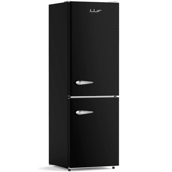 iio 24" 11 Cu Ft Bottom Freezer Retro Refrigerator, Fridge for Bedroom, Multiflow 360°, Small Mini Ice Cube Tray, 1 Fruit container, LED, Dorm RV Office Beverage Quiet Compressor, Black (Right Hinge)