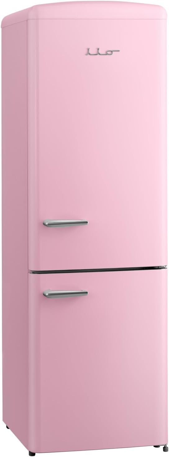 iio IRR2 12 cu. ft. Retro Refrigerator Full Size Fridge for Bedroom Bottom Freezer Chrome Handle, Frost Free, LED Multiflow 360 Dorm RV Office Beverage Quiet Compressor, Deep crisper drawer Pink