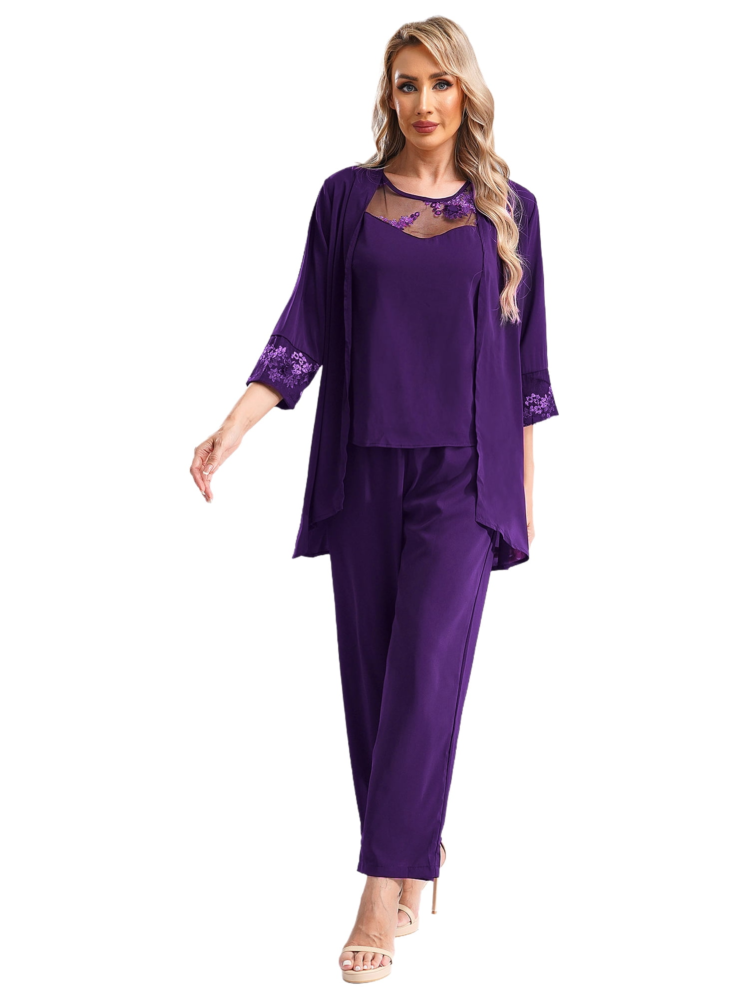 iixpin 3 Pieces Mother of The Bride Pant Suits Women Plus Size Wedding Guest Evening Outfit Purple XXL
