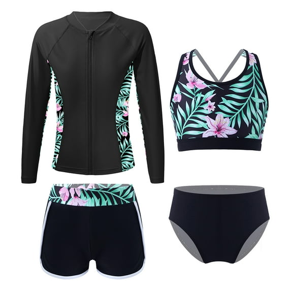 iixpin 4 Pcs Full Swimsuits for Big Girls Upf 50+ Rashguard Shirts Swim Crop Top Brief Shorts Sunblock Cover Up Sets Black 8