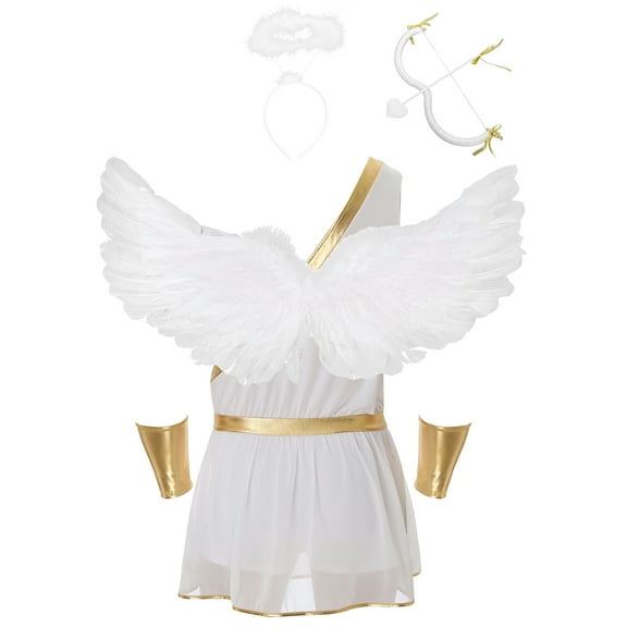 iixpin 6Pcs Men Adult Cupid Costume One-Shoulder Romper Outfit Valentine Fancy Dress for Theme Party White XXL