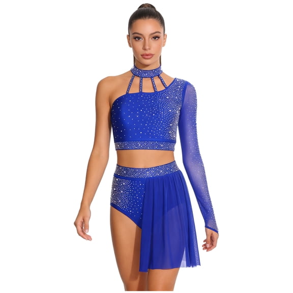 iixpin Adult Womens Lyrical Dance Costume Crop Top and Skirt Front Slit Flowy Shiny Rhinestone Dance Costume Royal Blue M
