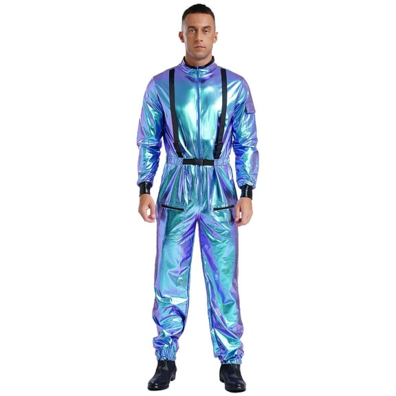 iixpin Astronaut Costume for Men Space Jumpsuit Metallic Shiny Bodysuit Halloween Role Play Costume Blue M