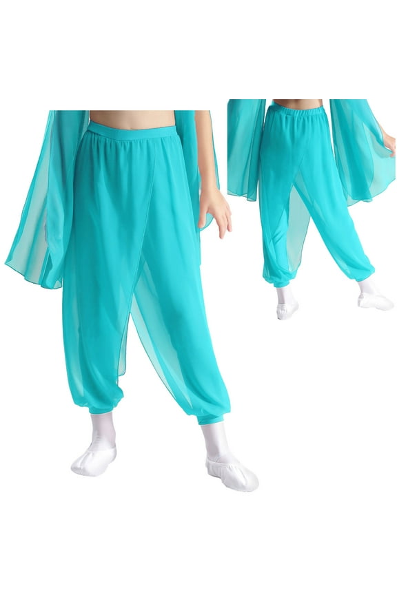 Belly Dance Harem Pants for Girls Classic Tribal Arabic Princess Halloween Trousers Palazzo Bloomers Blue Green 10