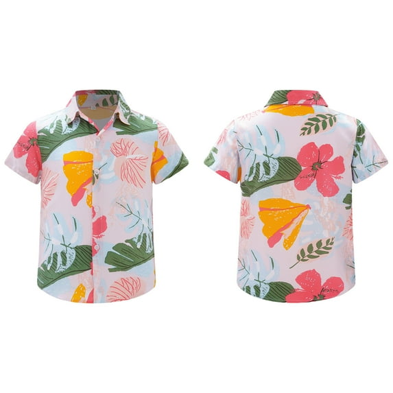 iixpin Big Boy's Button Down Hawaiian Shirts Short Sleeve Aloha Dress Tops Floral Print T-Shirt for Kids 5-12T Type B 5-6