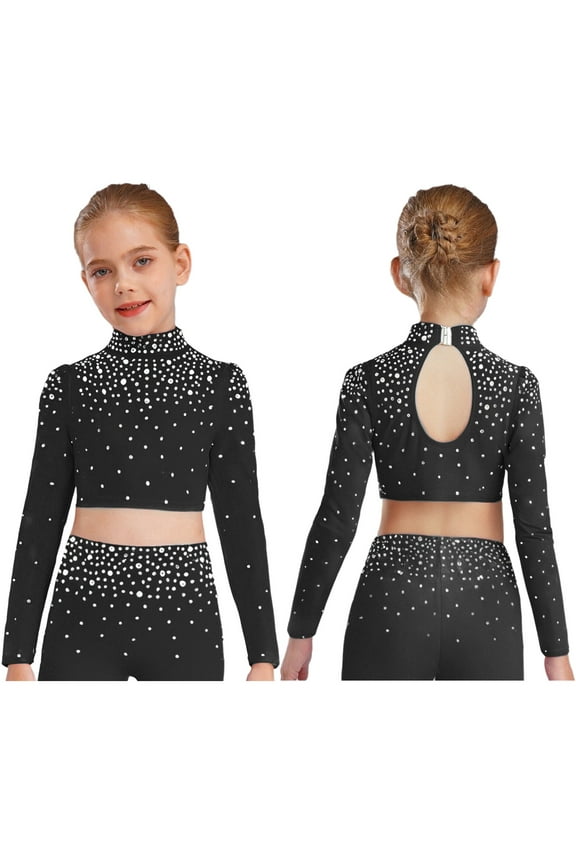Big Girls Hip Hop Streetwear Sparkling Jazz Dance Crop Tops Mock Neck Cheerleading Dancing Clothes Black 8