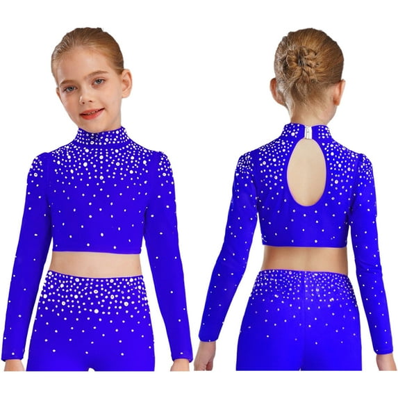 iixpin Big Girls Hip Hop Streetwear Sparkling Jazz Dance Crop Tops Mock Neck Cheerleading Dancing Clothes Blue 16