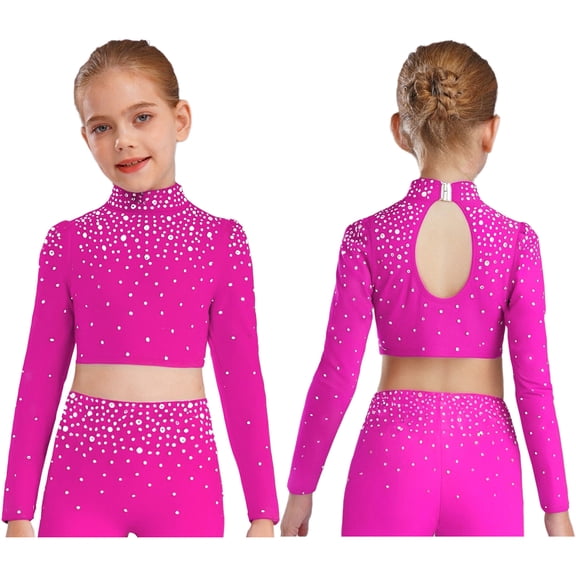 iixpin Big Girls Hip Hop Streetwear Sparkling Jazz Dance Crop Tops Mock Neck Cheerleading Dancing Clothes Hot Pink 10